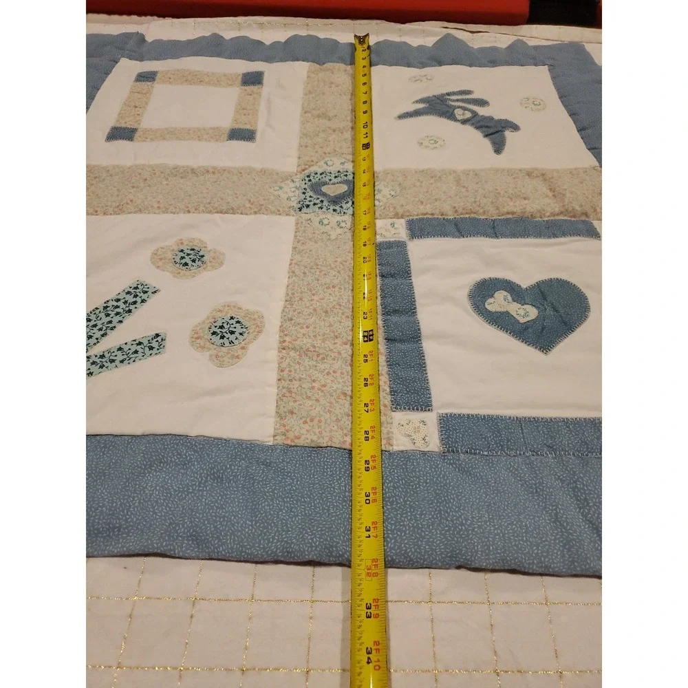 Small baby‎ quilt Blue Beige Bunny Flowers Heart Vtg Square 32Lx34W 90's